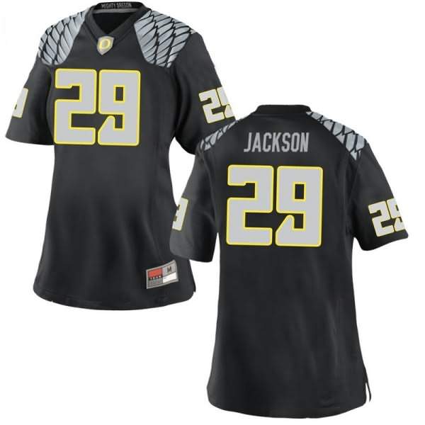 Oregon Ducks Women's #29 Adrian Jackson Football College Replica Black Jersey CGX85O4A