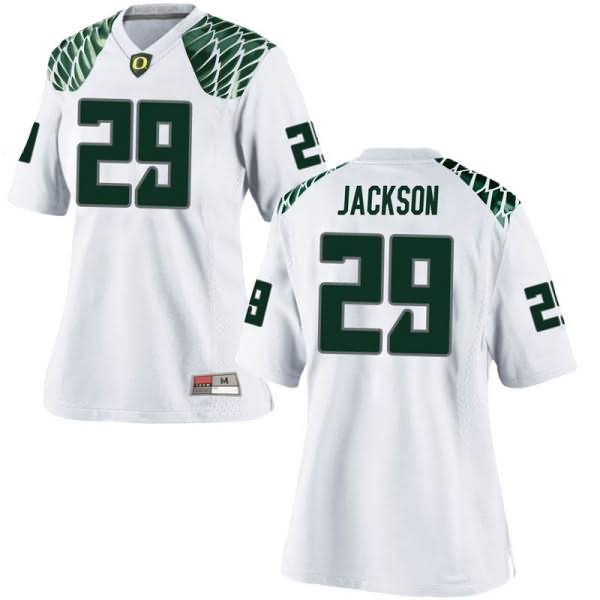 Oregon Ducks Women's #29 Adrian Jackson Football College Replica White Jersey XBT55O8W