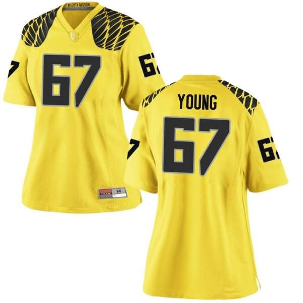 Oregon Ducks Women's #67 Cole Young Football College Game Gold Jersey GIE18O2S