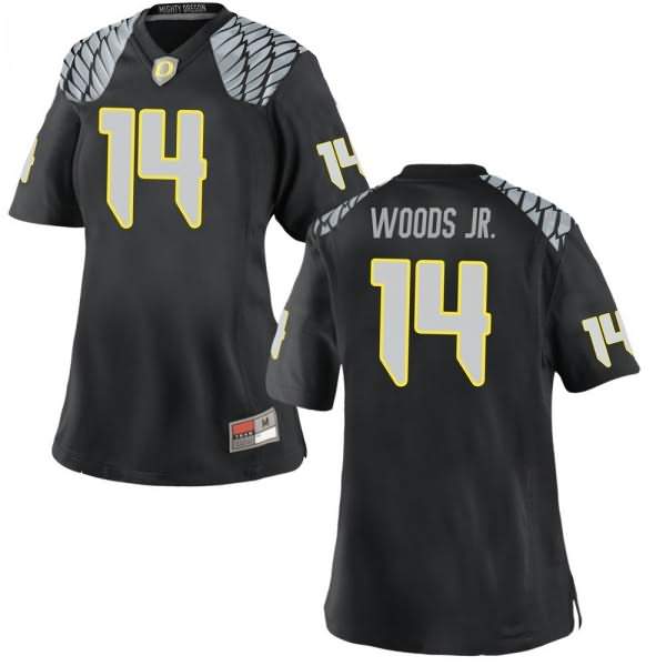 Oregon Ducks Women's #14 Haki Woods Jr. Football College Replica Black Jersey BJS18O6B