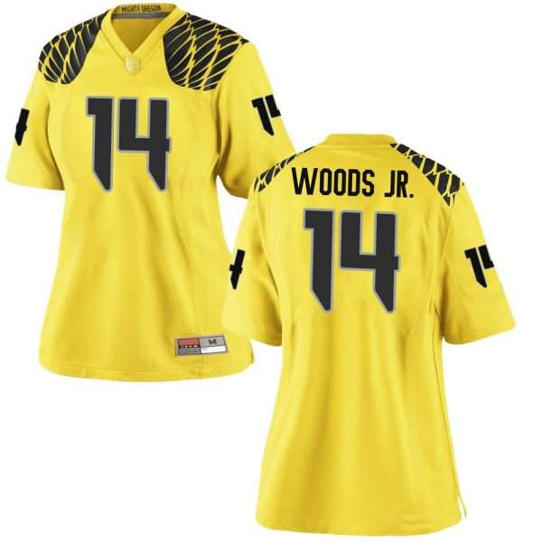 Oregon Ducks Women's #14 Haki Woods Jr. Football College Replica Gold Jersey EKF78O1R
