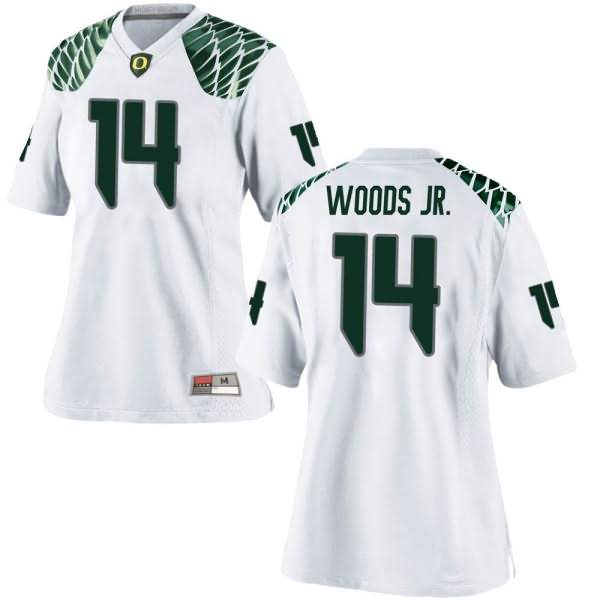 Oregon Ducks Women's #14 Haki Woods Jr. Football College Replica White Jersey GSY44O8X
