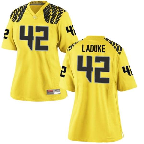 Oregon Ducks Women's #42 Jackson LaDuke Football College Replica Gold Jersey EDM65O2H