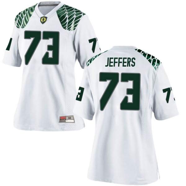 Oregon Ducks Women's #73 Jaylan Jeffers Football College Replica White Jersey MKH65O7R