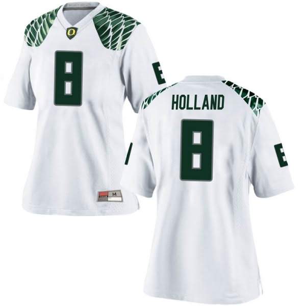 Oregon Ducks Women's #8 Jevon Holland Football College Replica White Jersey EYF57O3A