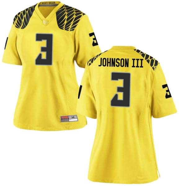 Oregon Ducks Women's #3 Johnny Johnson III Football College Game Gold Jersey QRT13O7T