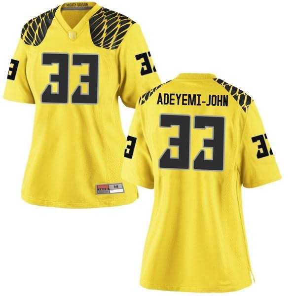 Oregon Ducks Women's #33 Jordan Adeyemi-John Football College Game Gold Jersey XJK43O5T