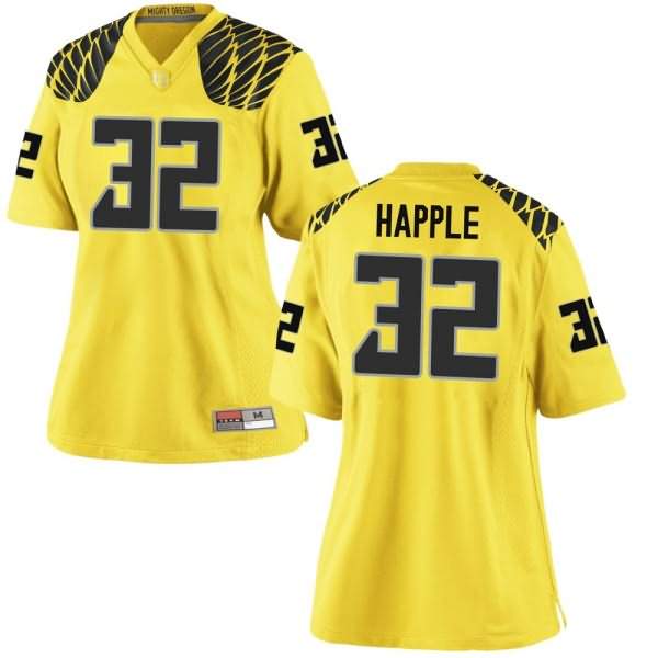 Oregon Ducks Women's #32 Jordan Happle Football College Replica Gold Jersey YFH88O4W