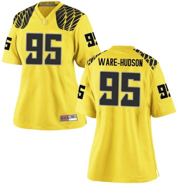 Oregon Ducks Women's #95 Keyon Ware-Hudson Football College Game Gold Jersey YML60O5M