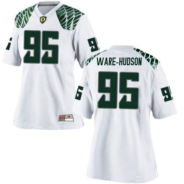 Oregon Ducks Women's #95 Keyon Ware-Hudson Football College Replica White Jersey YJJ42O1G