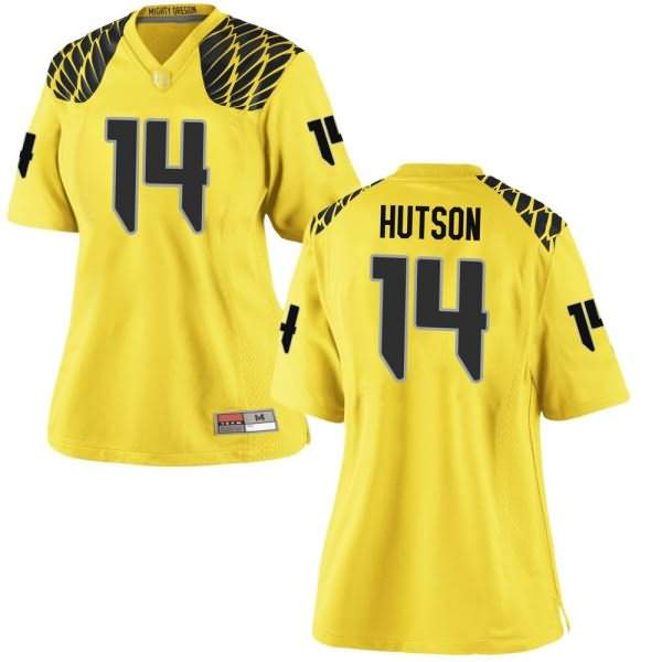 Oregon Ducks Women's #14 Kris Hutson Football College Replica Gold Jersey OVI27O4X