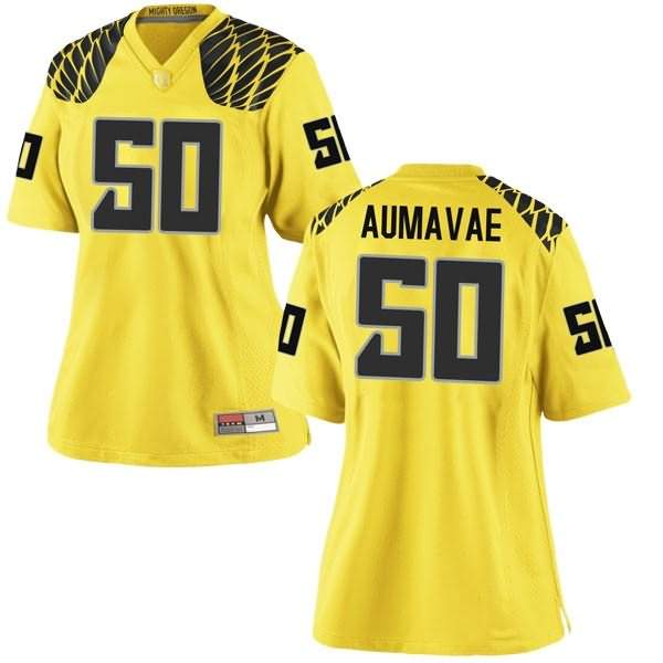 Oregon Ducks Women's #50 Popo Aumavae Football College Game Gold Jersey YYB82O4Q