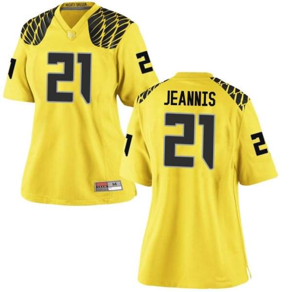 Oregon Ducks Women's #21 Tevin Jeannis Football College Game Gold Jersey WXV75O3K