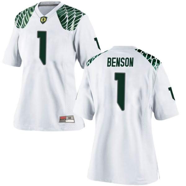 Oregon Ducks Women's #1 Trey Benson Football College Replica White Jersey WPQ34O4R